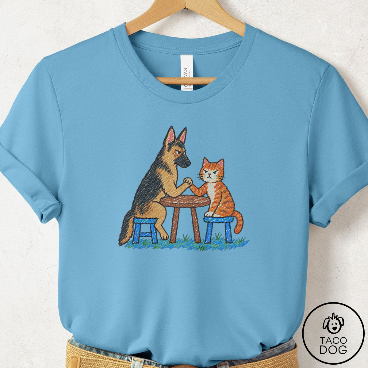 German Shepherd Arm Wrestling T-Shirt Ocean Blue Taco-Dog