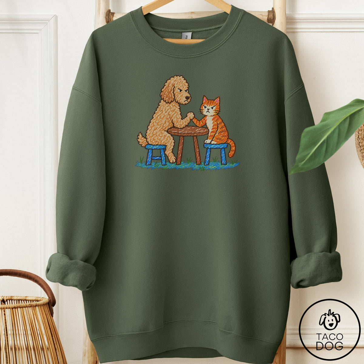 Doodle Arm Wrestling Sweatshirt Military Green Taco-Dog