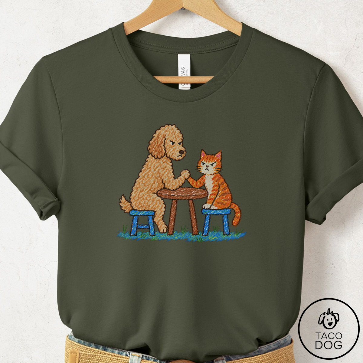 Doodle Arm Wrestling T-Shirt Military Green Taco-Dog