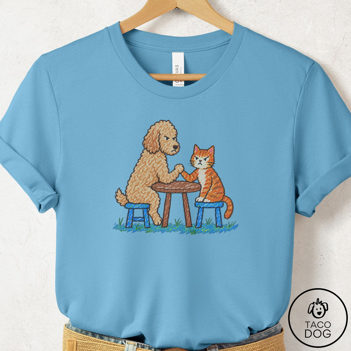 Doodle Arm Wrestling T-Shirt Ocean Blue Taco-Dog