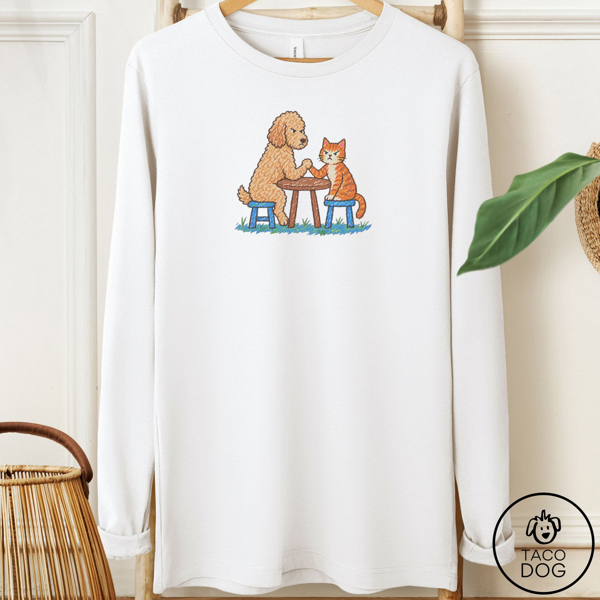 Doodle Arm Wrestling Long Sleeve Tee White Taco-Dog