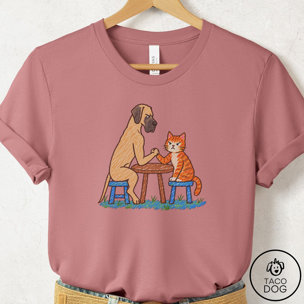 Great Dane Arm Wrestling T-Shirt Mauve Taco-Dog