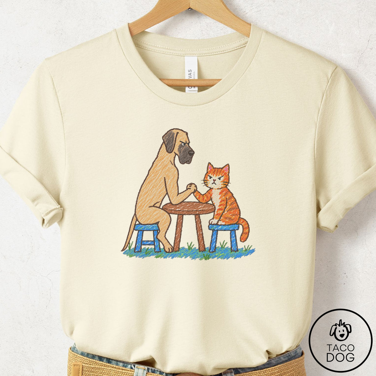 Great Dane Arm Wrestling T-Shirt Natural Taco-Dog