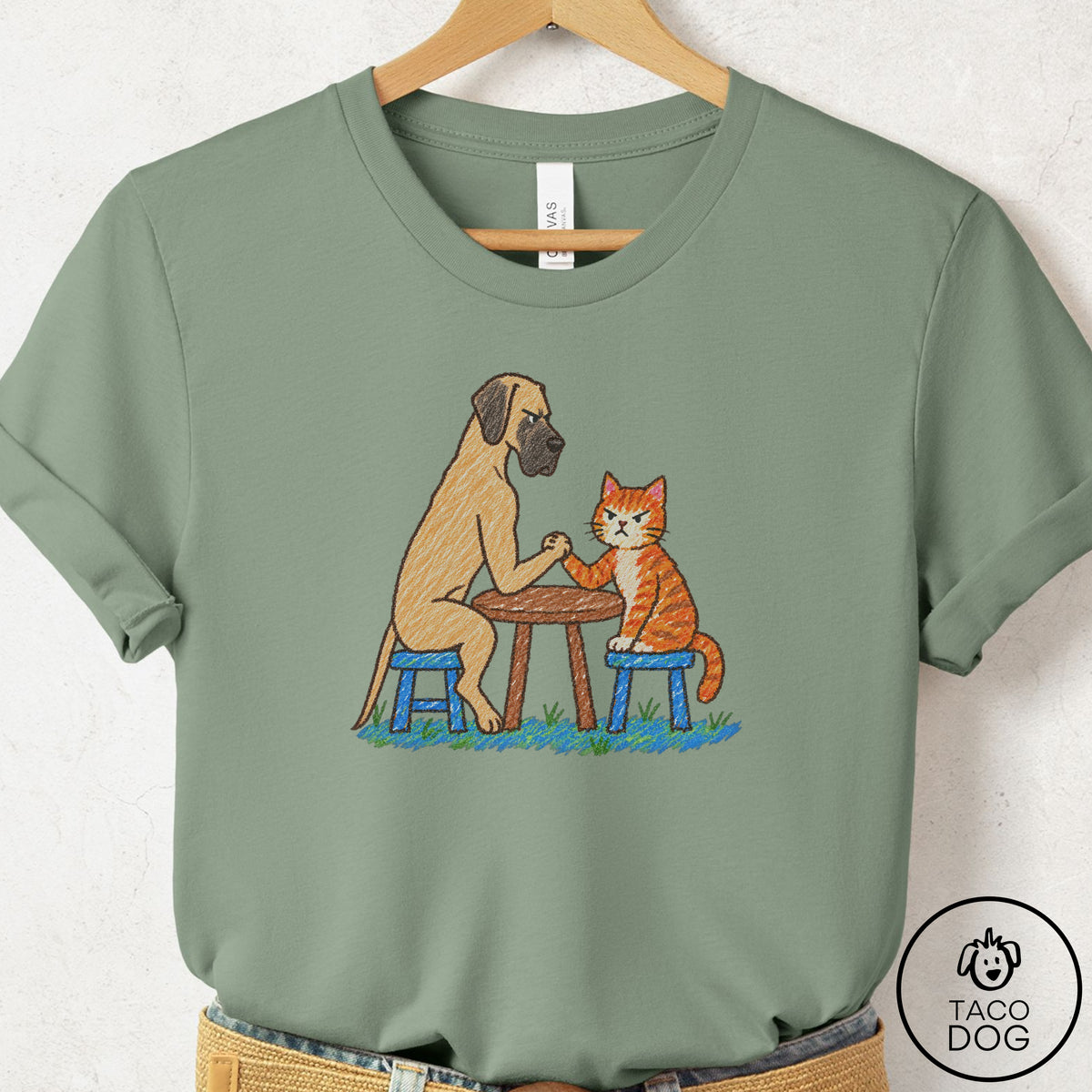 Great Dane Arm Wrestling T-Shirt Sage Taco-Dog