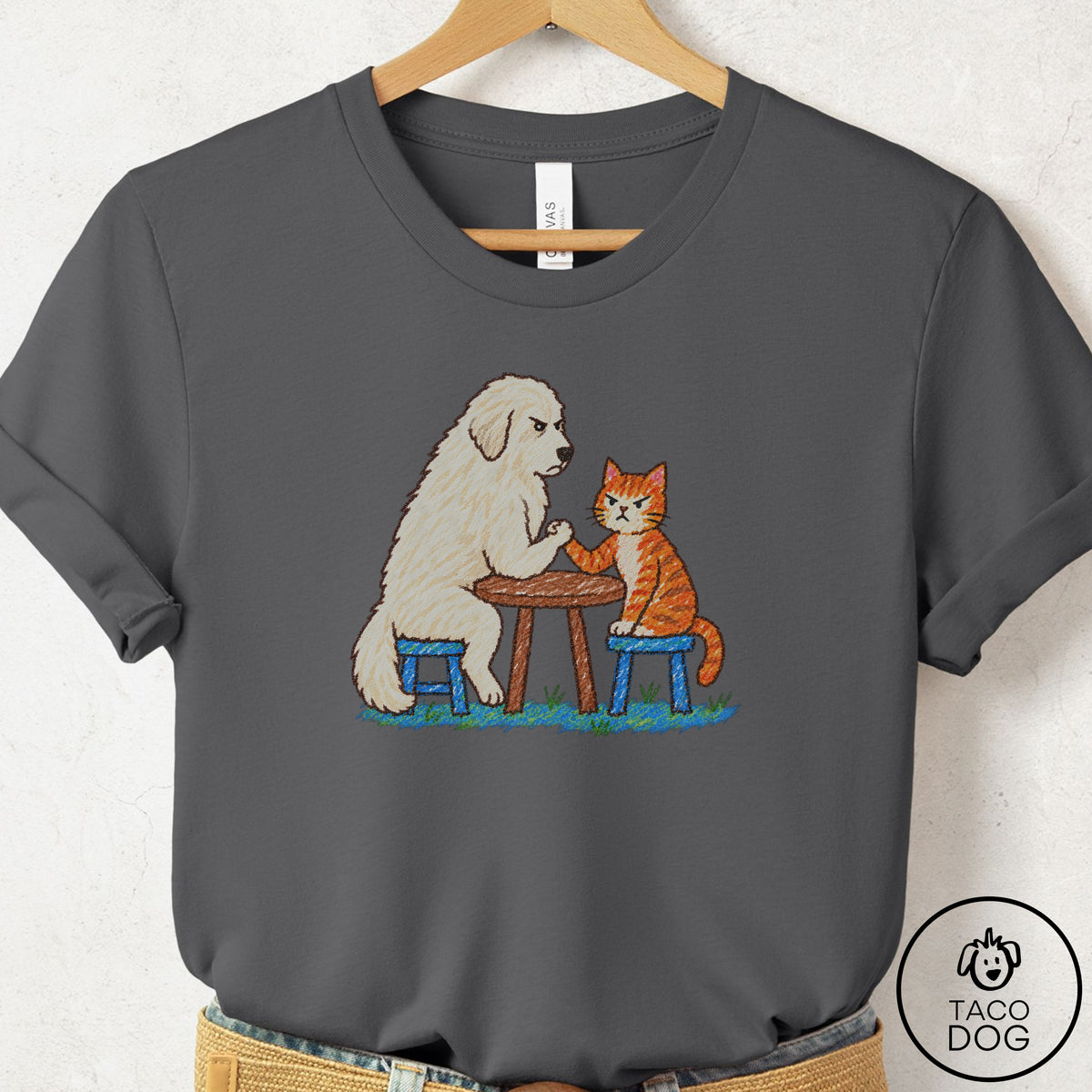 Great Pyrenees Arm Wrestling T-Shirt Asphalt Taco-Dog