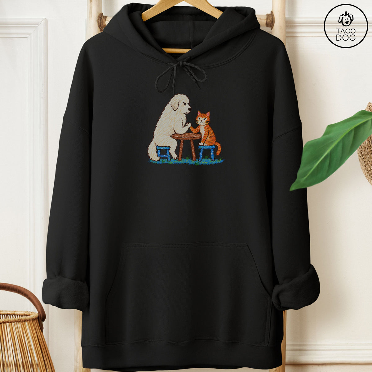Great Pyrenees Arm Wrestling Hoodie Black Taco-Dog