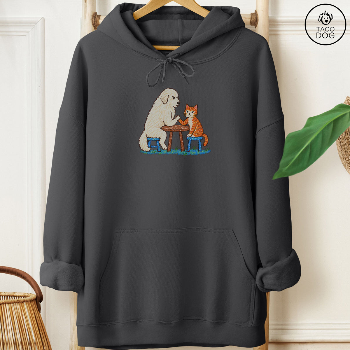 Great Pyrenees Arm Wrestling Hoodie Charcoal Taco-Dog