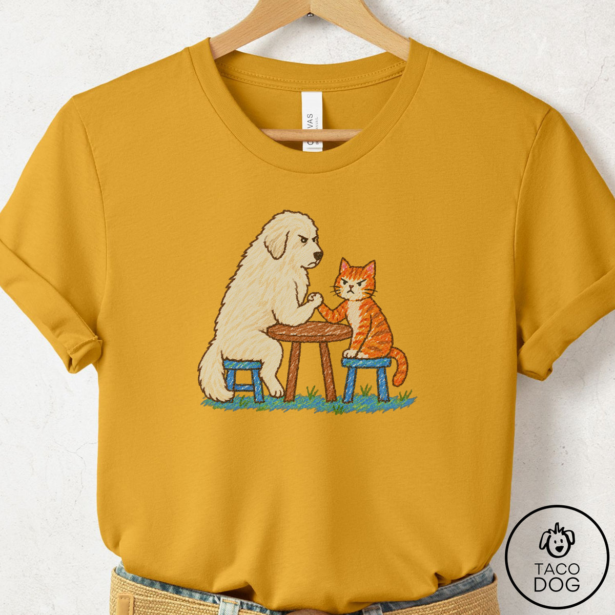 Great Pyrenees Arm Wrestling T-Shirt Mustard Taco-Dog