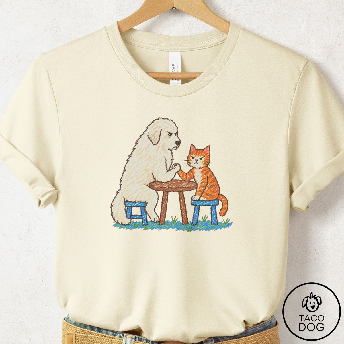 Great Pyrenees Arm Wrestling T-Shirt, design close-up