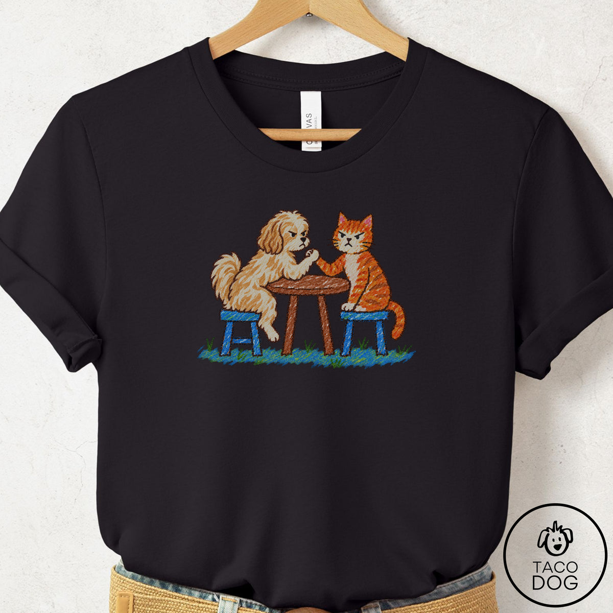 Havanese Arm Wrestling T-Shirt Black Taco-Dog
