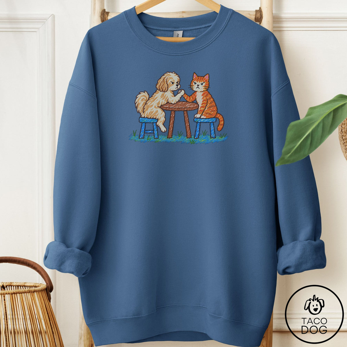Havanese Arm Wrestling Sweatshirt Indigo Blue Taco-Dog