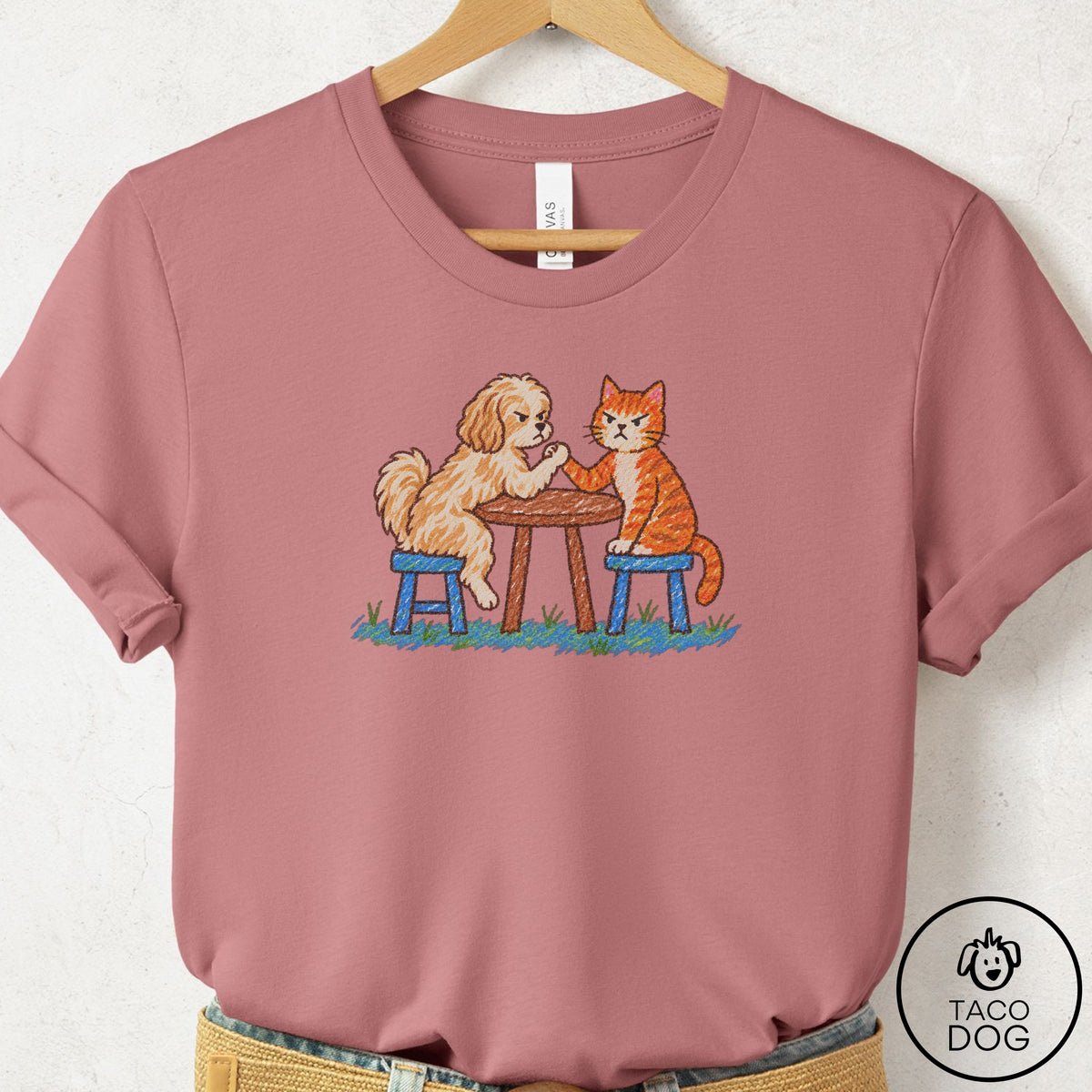 Havanese Arm Wrestling T-Shirt Mauve Taco-Dog