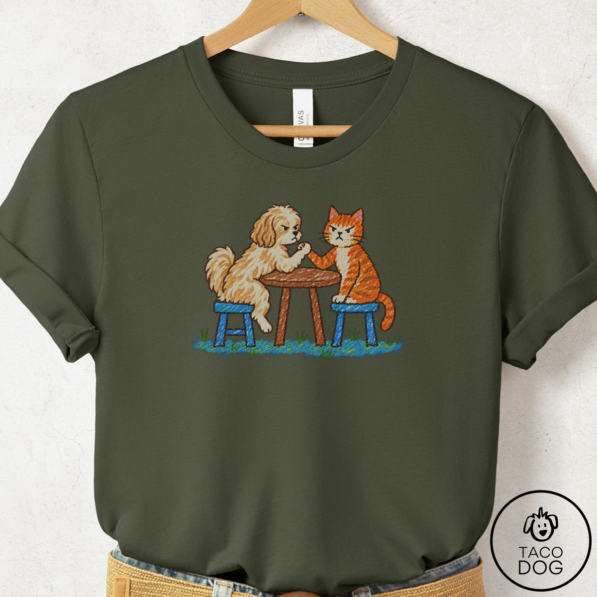 Havanese Arm Wrestling T-Shirt Military Green Taco-Dog