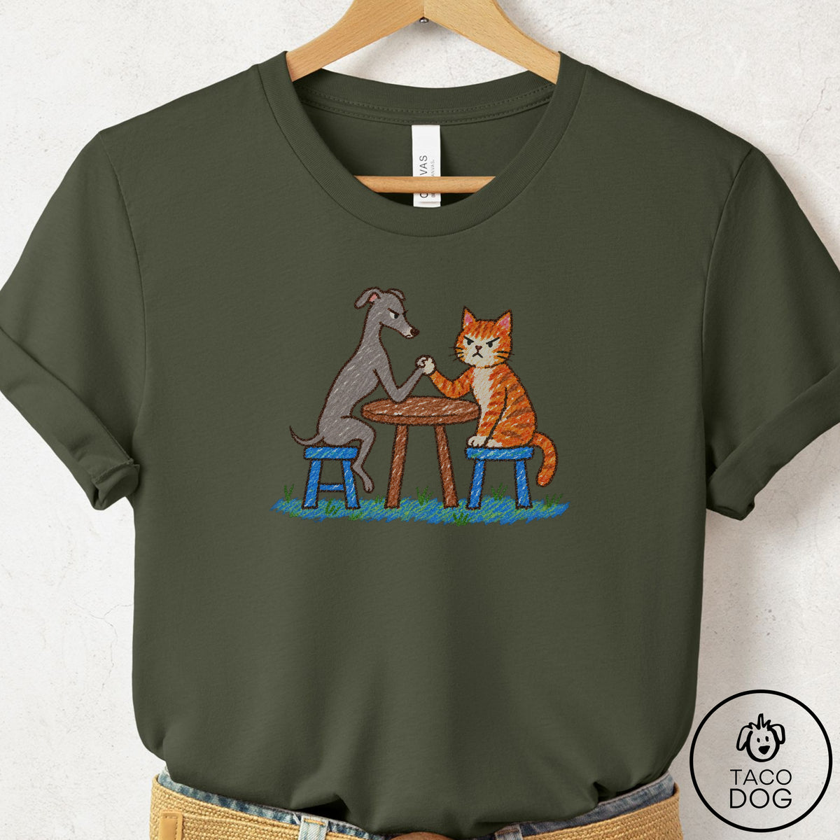 Italian Greyhound Whippet Arm Wrestling T-Shirt Military Green Taco-Dog