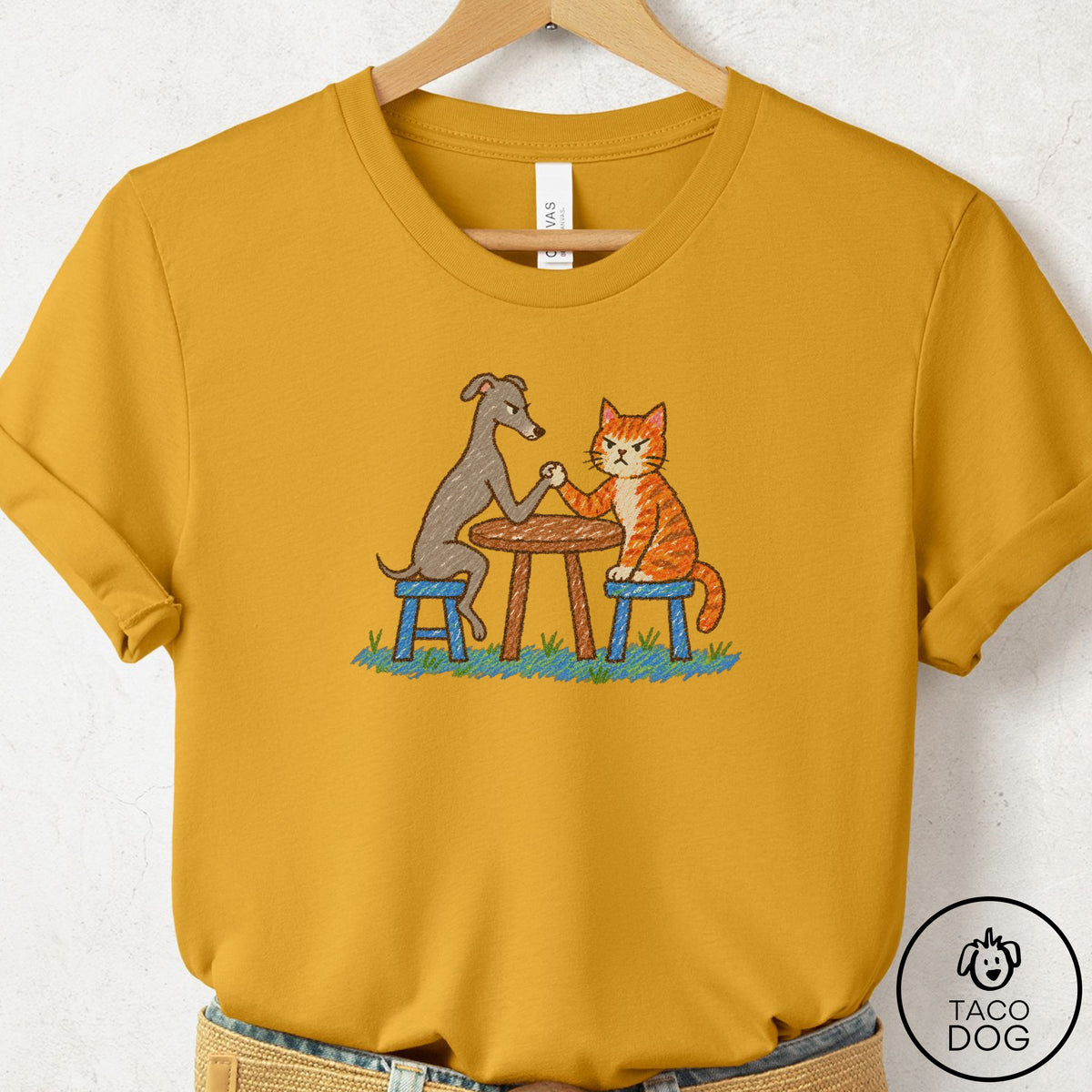 Italian Greyhound Whippet Arm Wrestling T-Shirt, design close-up