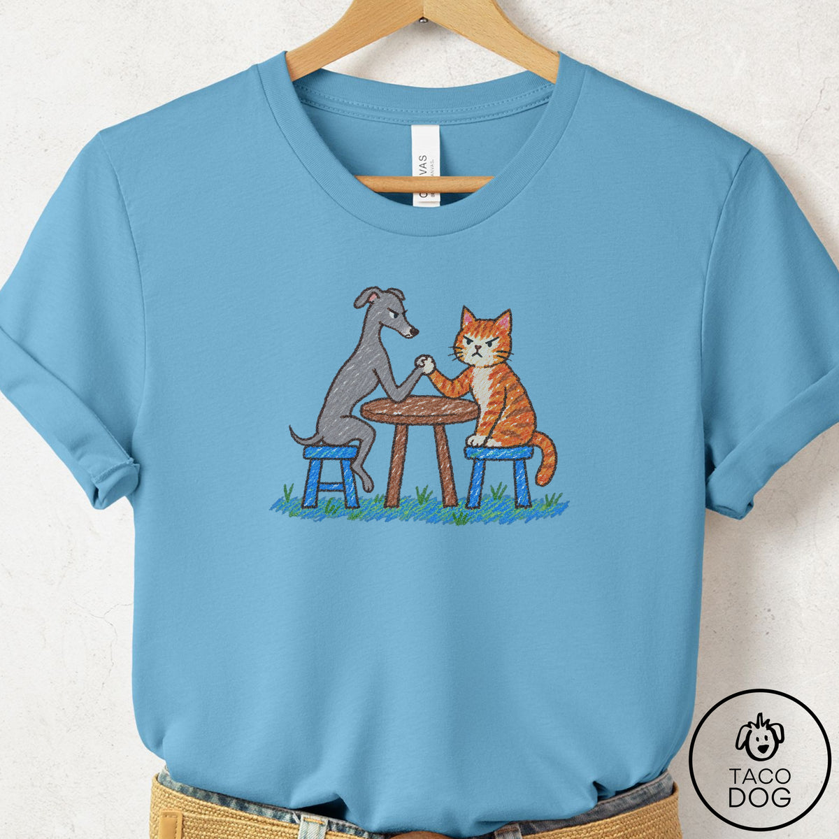 Italian Greyhound Whippet Arm Wrestling T-Shirt Ocean Blue Taco-Dog