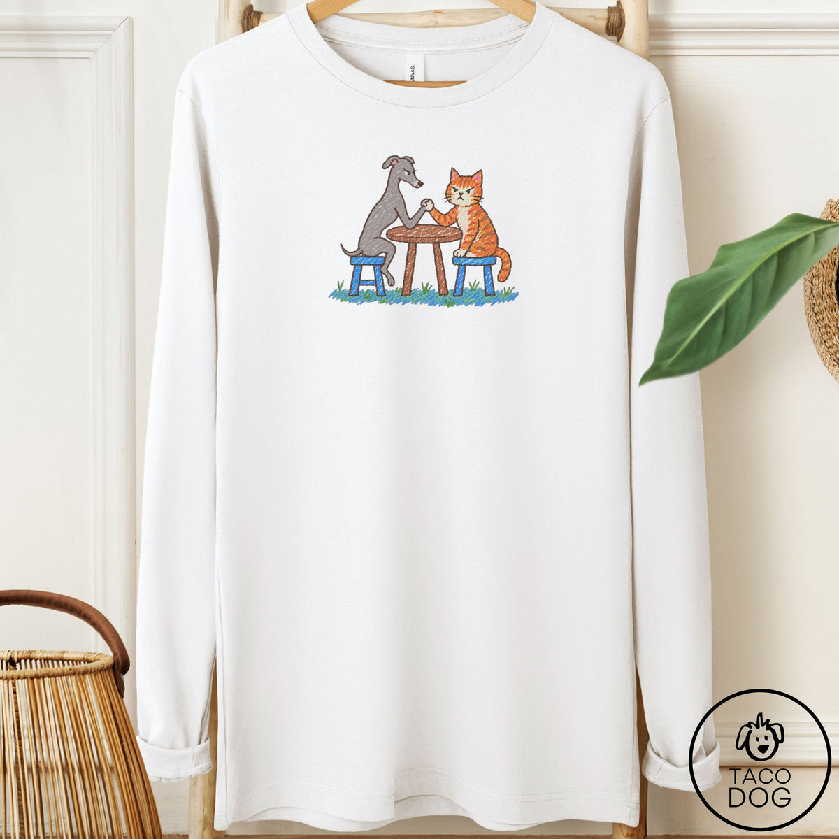 Italian Greyhound Whippet Arm Wrestling Long Sleeve Tee White Taco-Dog