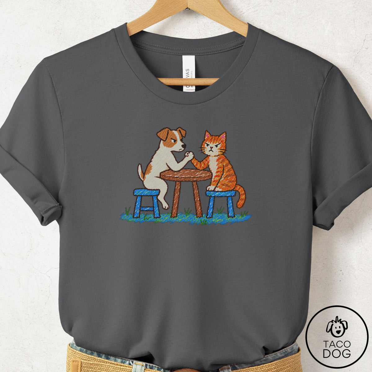 Jack Russell Arm Wrestling T-Shirt Asphalt Taco-Dog