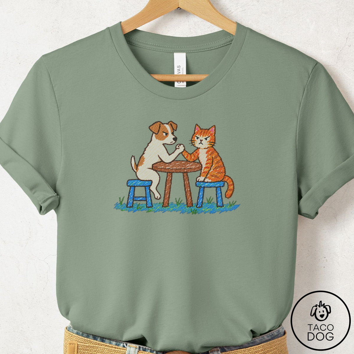 Jack Russell Arm Wrestling T-Shirt Sage Taco-Dog