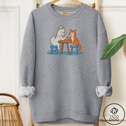 Maltese Arm Wrestling Sweatshirt Graphite Heather Taco-Dog