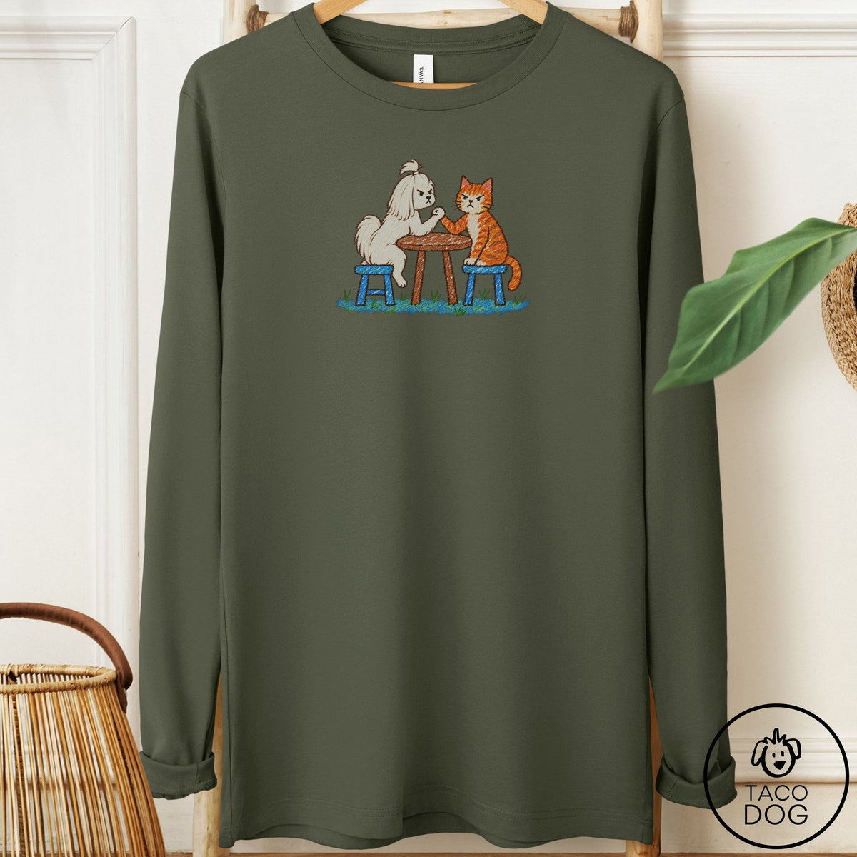 Maltese Arm Wrestling Long Sleeve Tee Military Green Taco-Dog