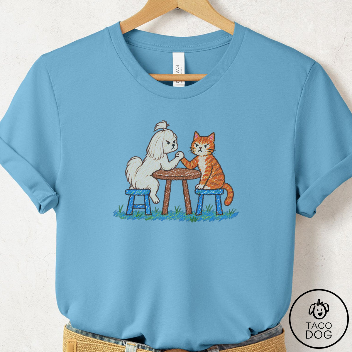 Maltese Arm Wrestling T-Shirt Ocean Blue Taco-Dog