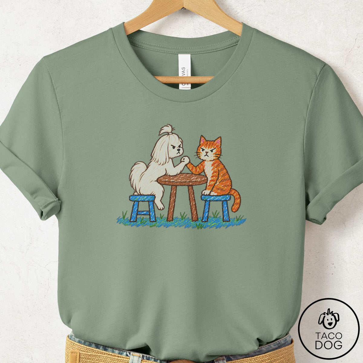 Maltese Arm Wrestling T-Shirt Sage Taco-Dog