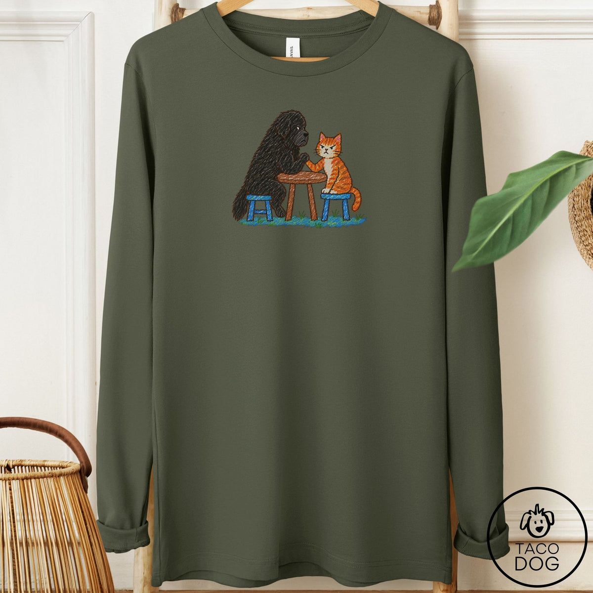 Newfoundland Arm Wrestling Long Sleeve Tee Military Green Taco-Dog