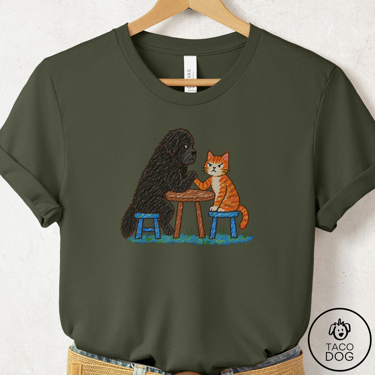 Newfoundland Arm Wrestling T-Shirt Military Green Taco-Dog