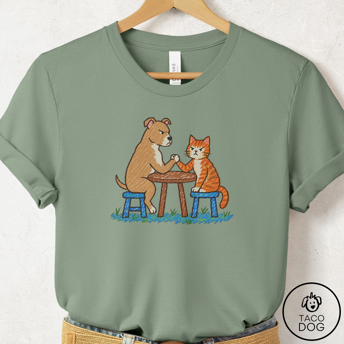 Pitbull Arm Wrestling T-Shirt Sage Taco-Dog
