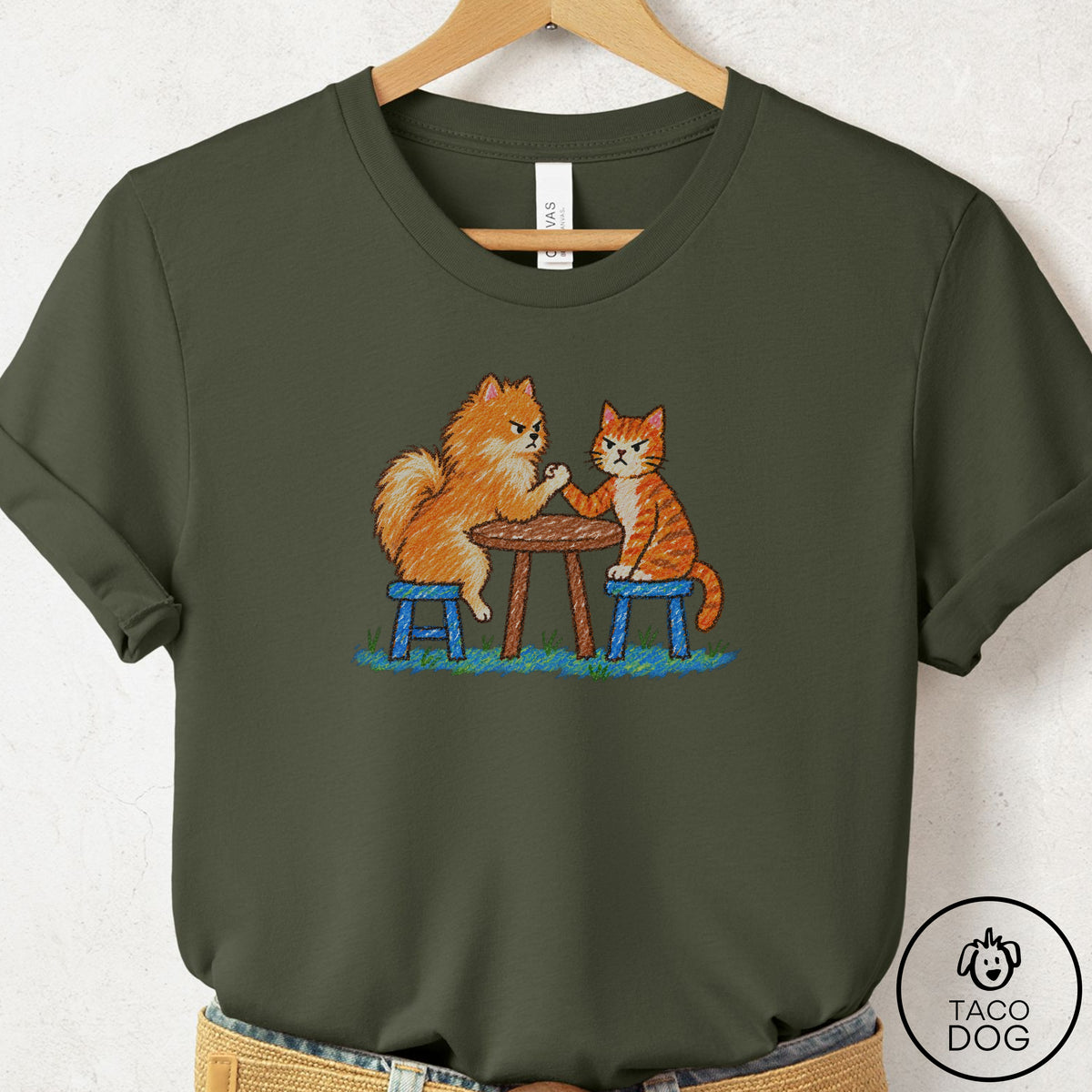 Pomeranian Arm Wrestling T-Shirt Military Green Taco-Dog
