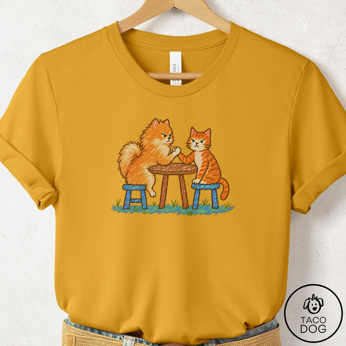 Pomeranian Arm Wrestling T-Shirt Mustard Taco-Dog