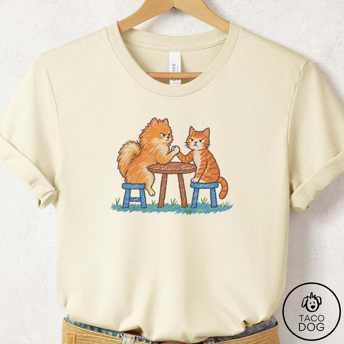Pomeranian Arm Wrestling T-Shirt Natural Taco-Dog