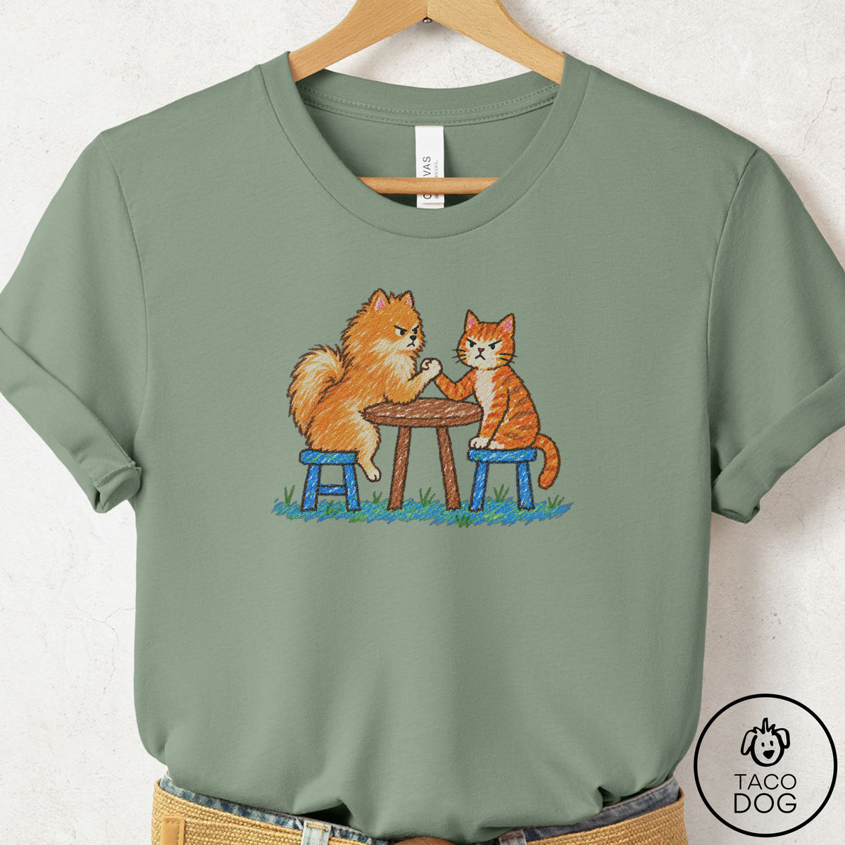 Pomeranian Arm Wrestling T-Shirt Sage Taco-Dog