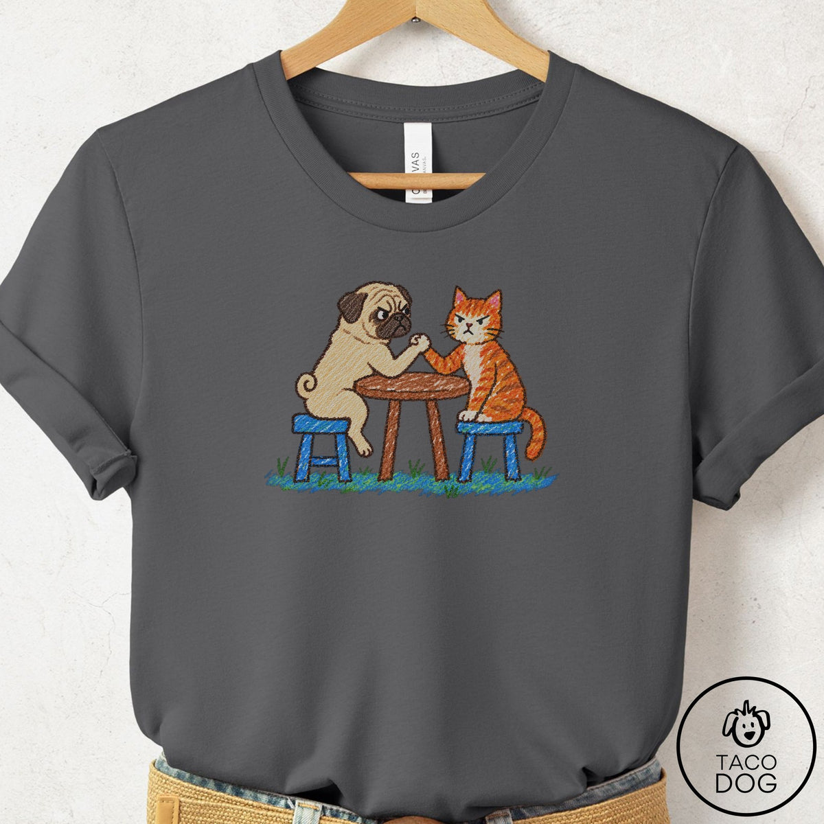 Pug Arm Wrestling T-Shirt Asphalt Taco-Dog