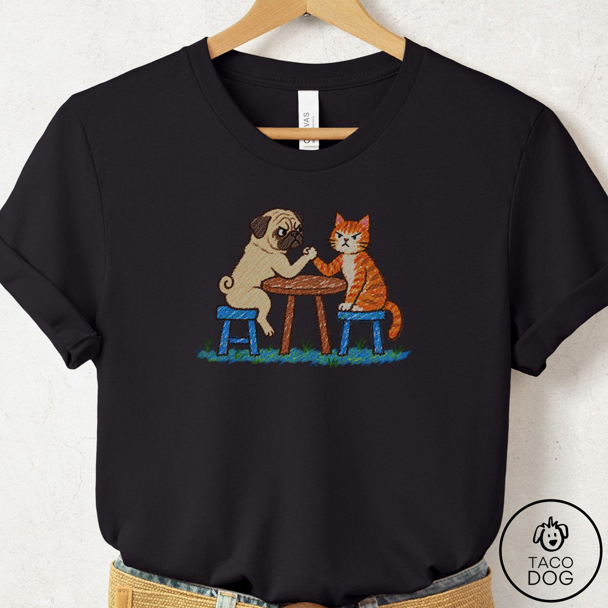 Pug Arm Wrestling T-Shirt Black Taco-Dog