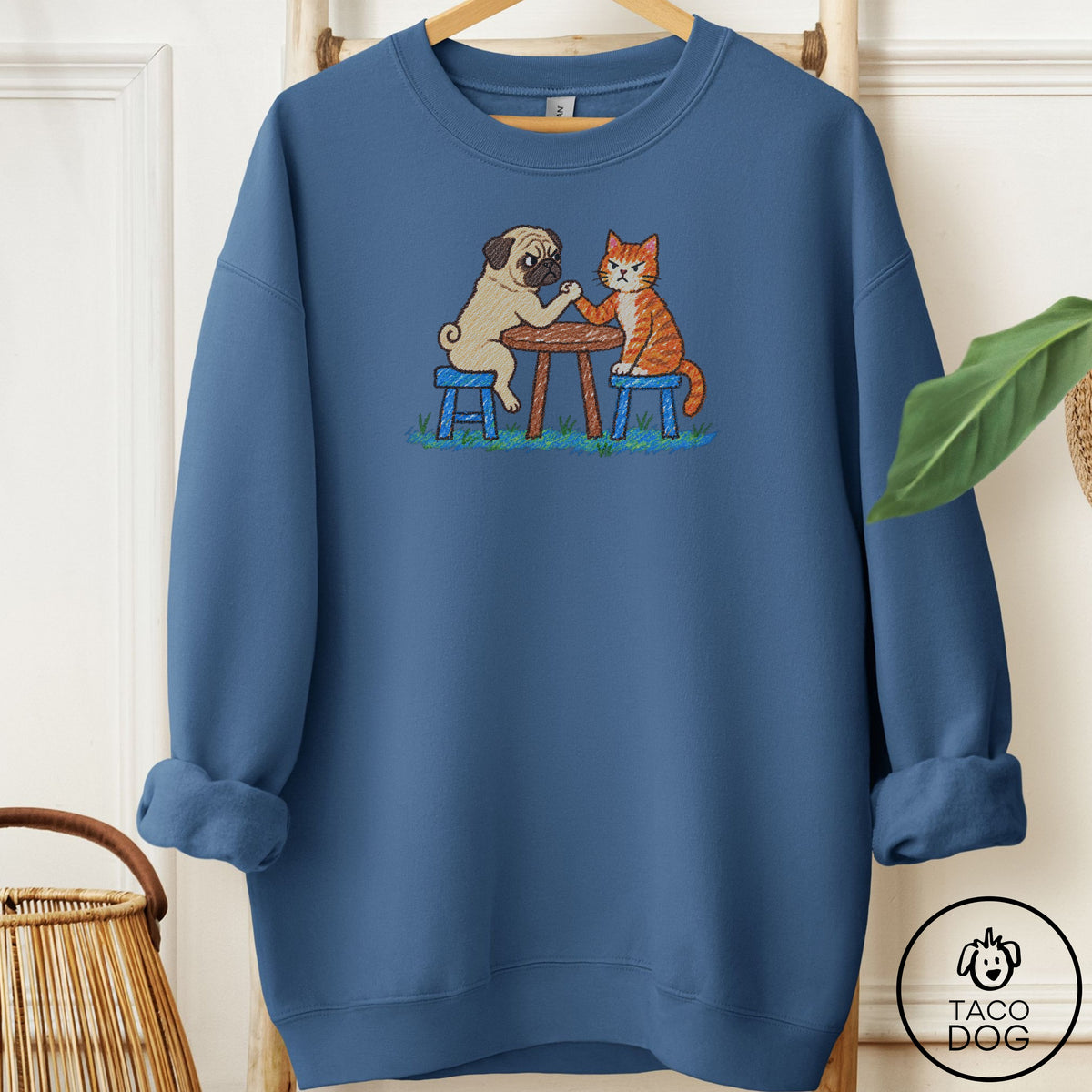 Pug Arm Wrestling Sweatshirt Indigo Blue Taco-Dog