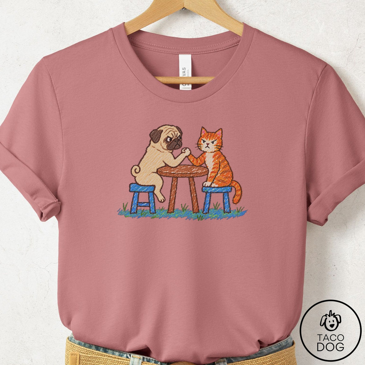 Pug Arm Wrestling T-Shirt Mauve Taco-Dog