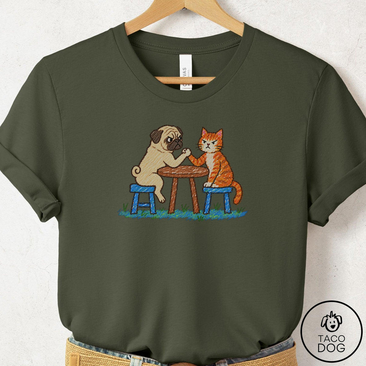 Pug Arm Wrestling T-Shirt Military Green Taco-Dog