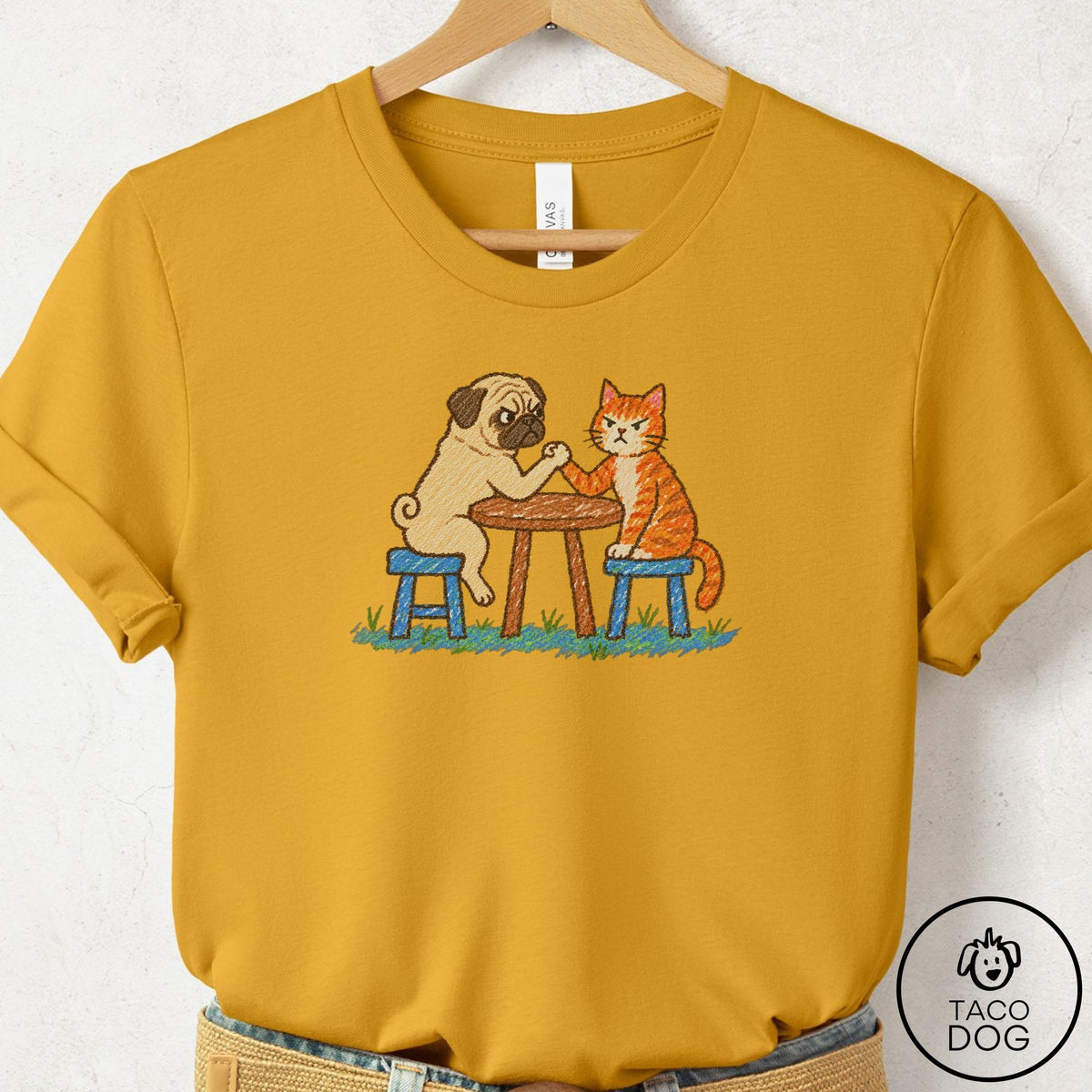 Pug Arm Wrestling T-Shirt, design close-up