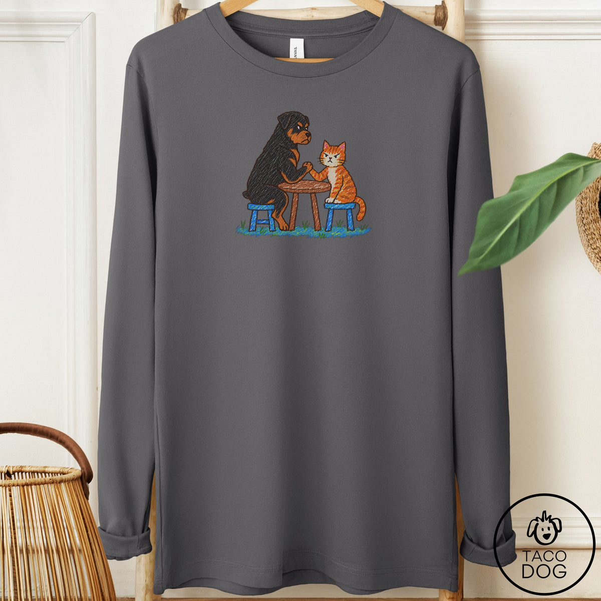 Rottweiler Arm Wrestling Long Sleeve Tee Asphalt Taco-Dog