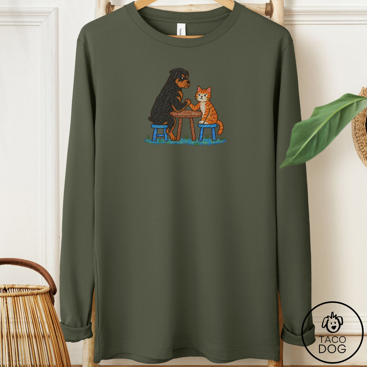 Rottweiler Arm Wrestling Long Sleeve Tee Military Green Taco-Dog