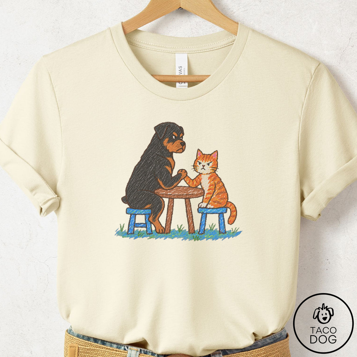 Rottweiler Arm Wrestling T-Shirt Natural Taco-Dog