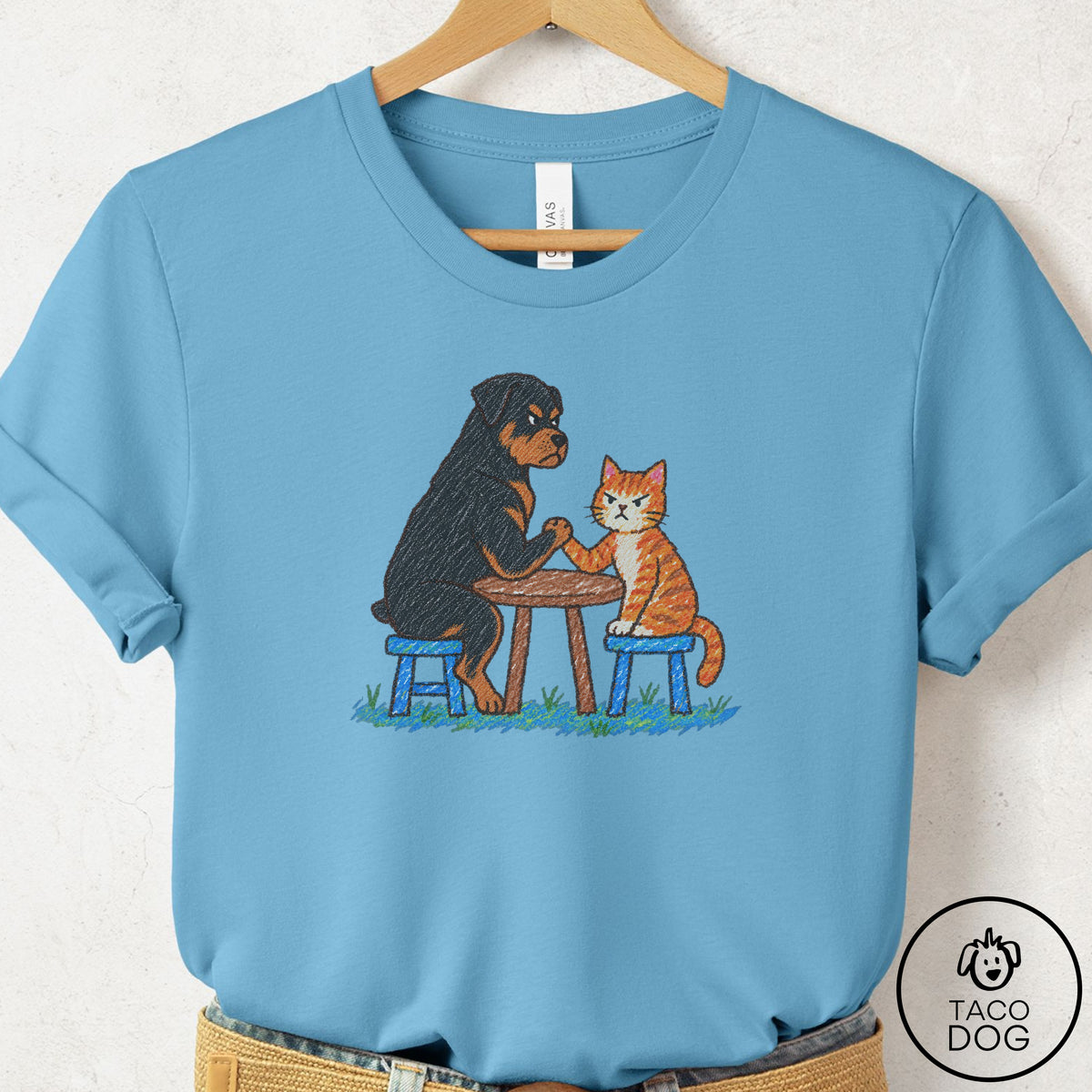Rottweiler Arm Wrestling T-Shirt, design close-up