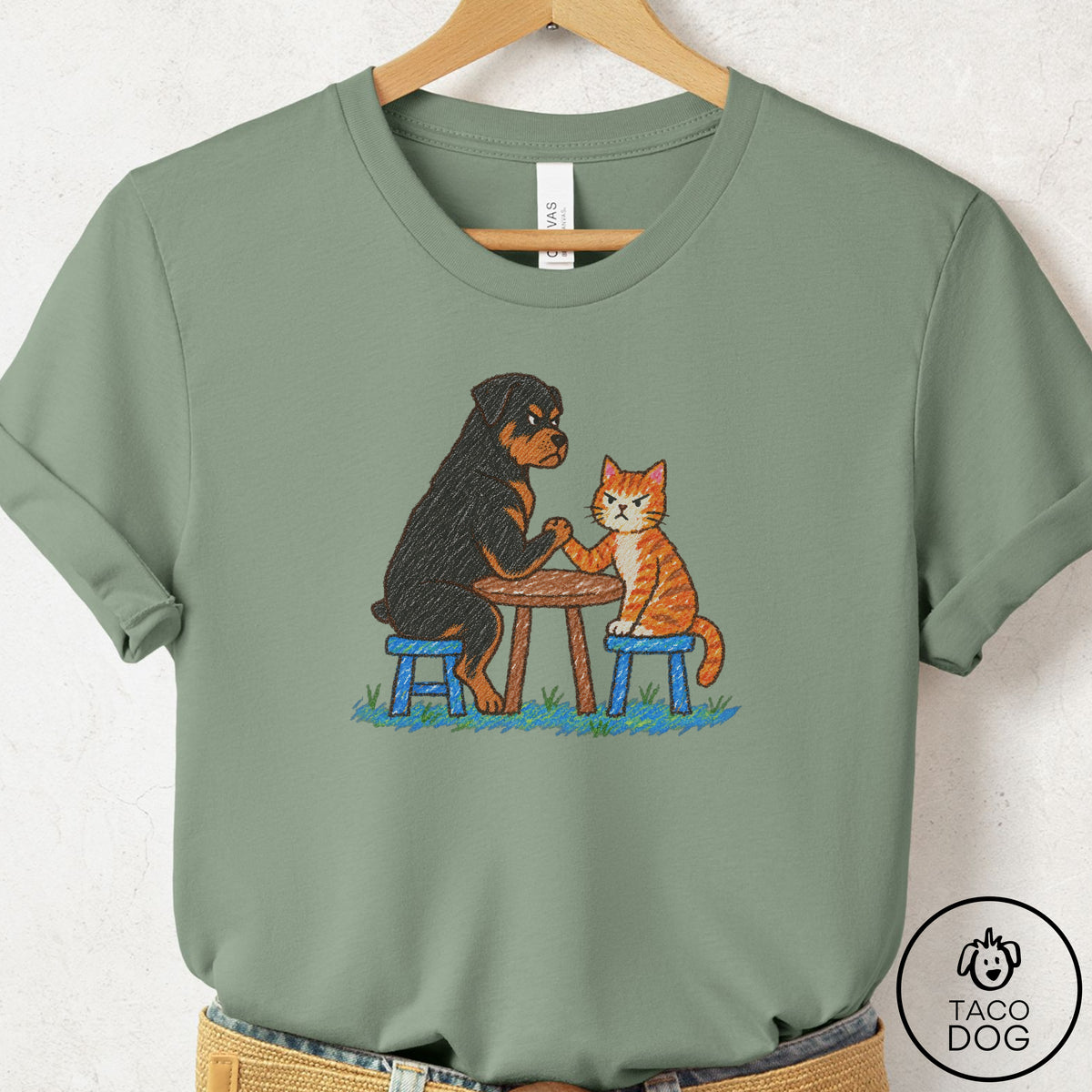 Rottweiler Arm Wrestling T-Shirt Sage Taco-Dog