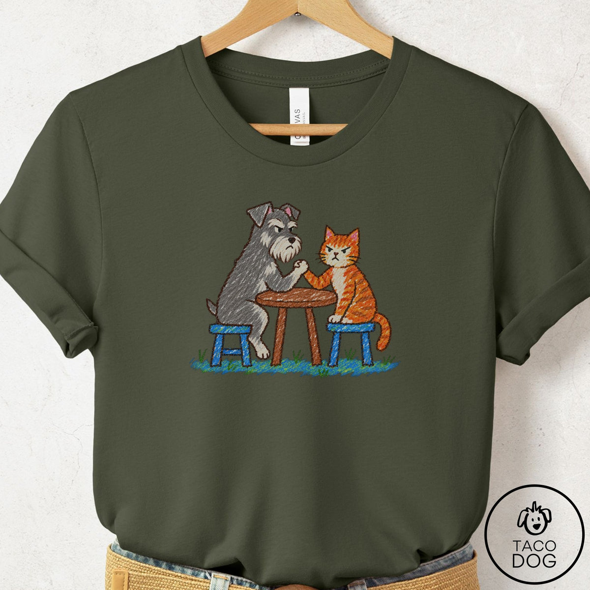 Schnauzer Arm Wrestling T-Shirt Military Green Taco-Dog