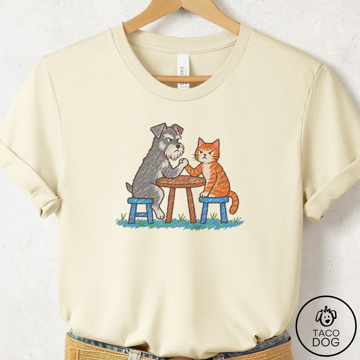 Schnauzer Arm Wrestling T-Shirt Natural Taco-Dog