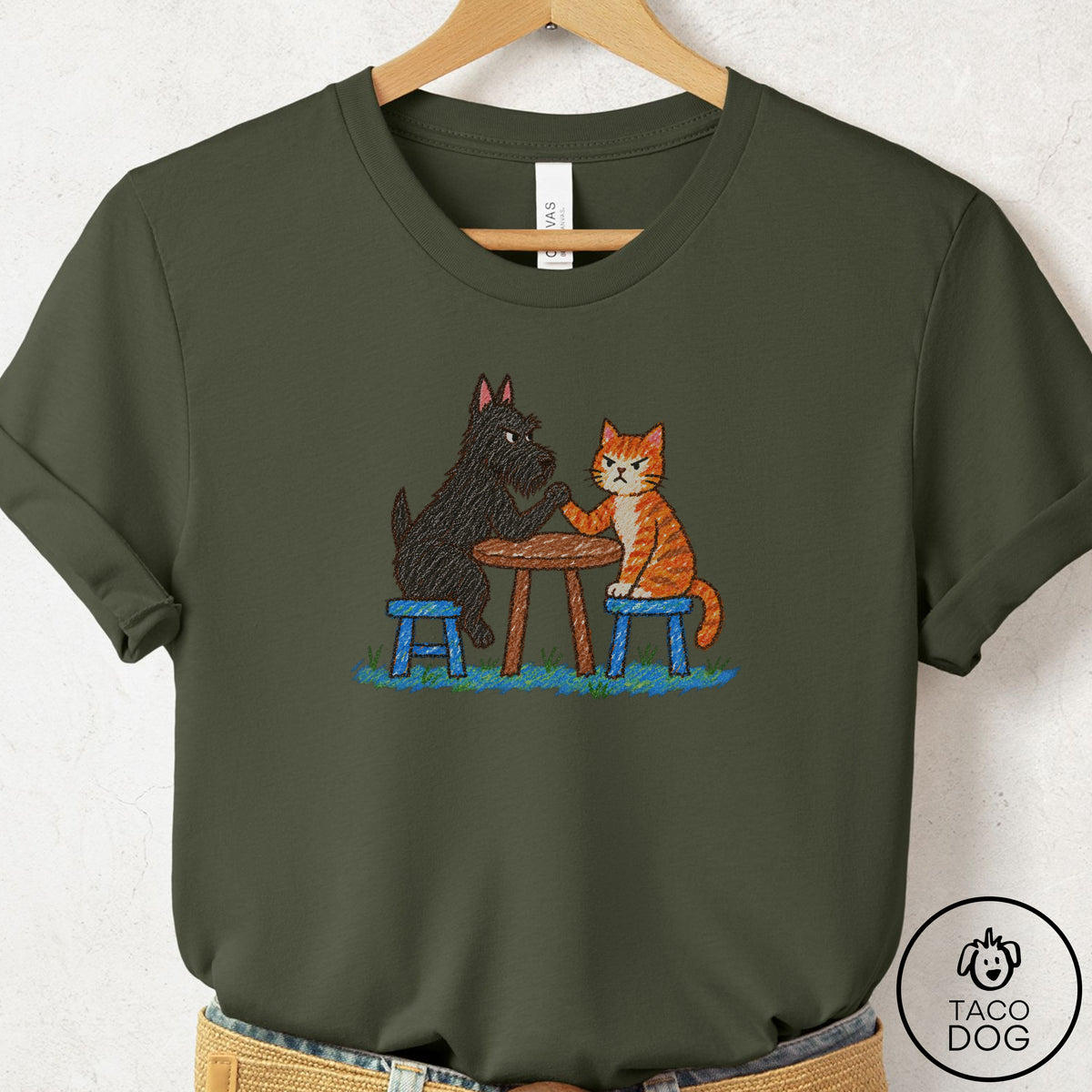 Scottie Arm Wrestling T-Shirt Military Green Taco-Dog