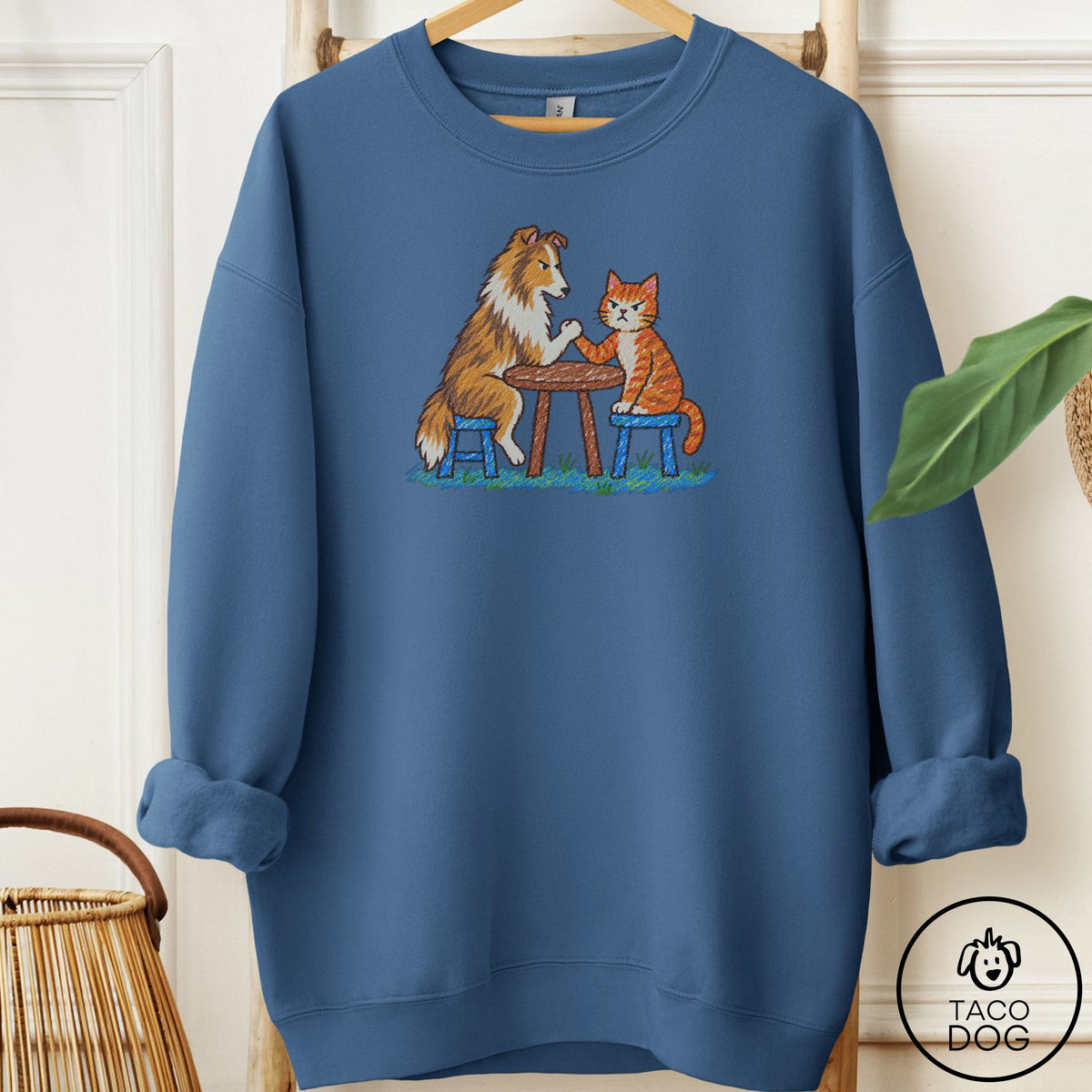 Shetland Sheepdog Arm Wrestling Sweatshirt Indigo Blue Taco-Dog