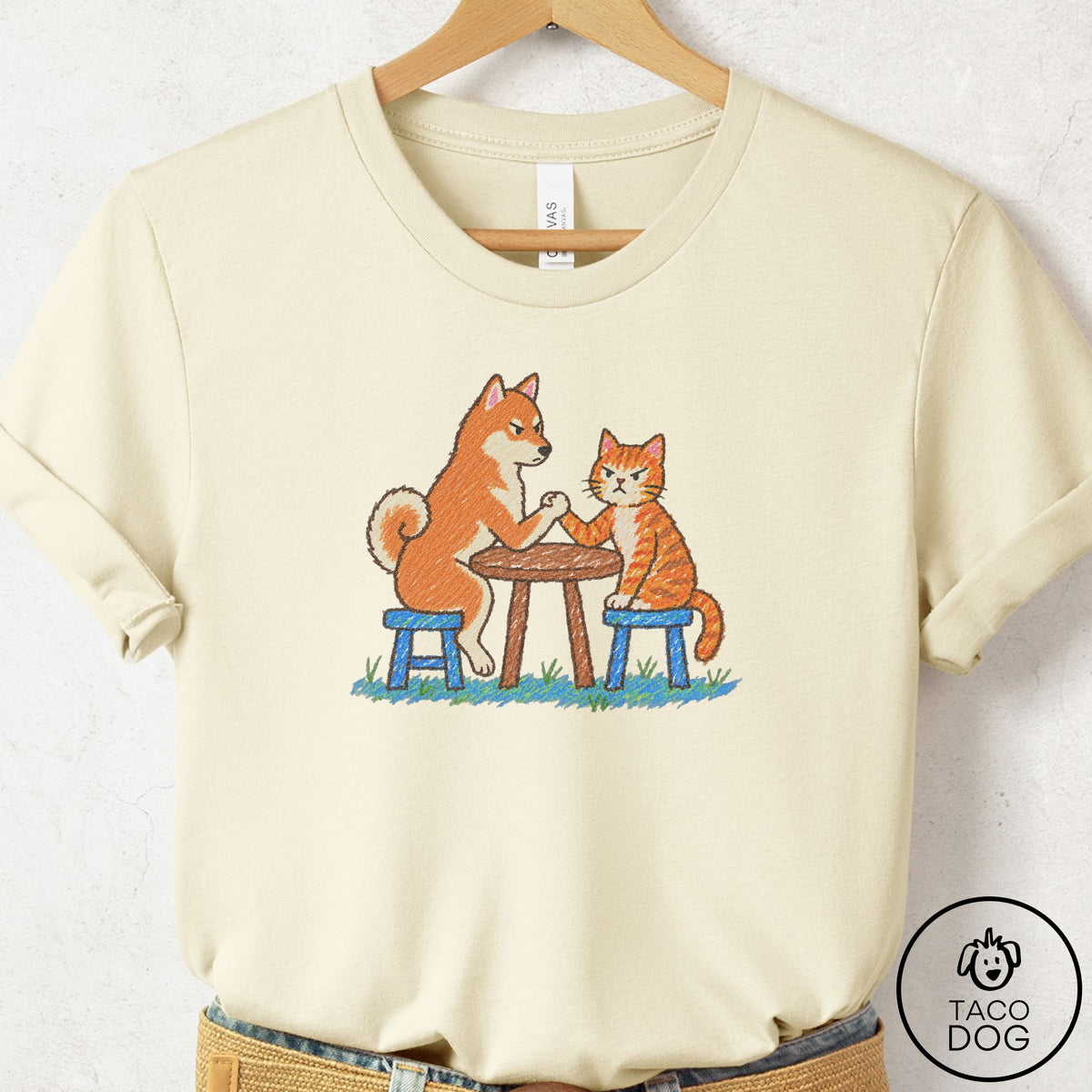 Shiba Inu Arm Wrestling T-Shirt Natural Taco-Dog